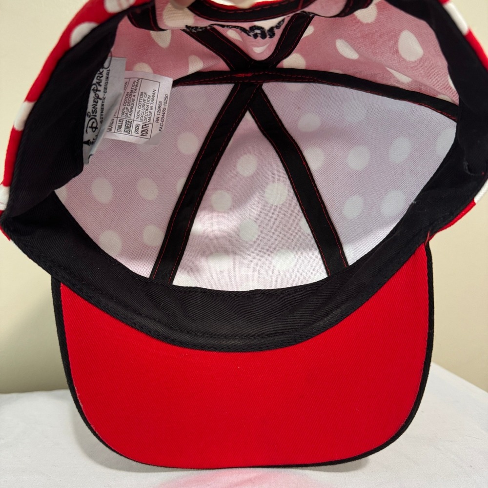 Disney Parks Minnie Mouse Polka Dot Snapback Hat Youth Red White Ears Bow Cap - Picture 4 of 7